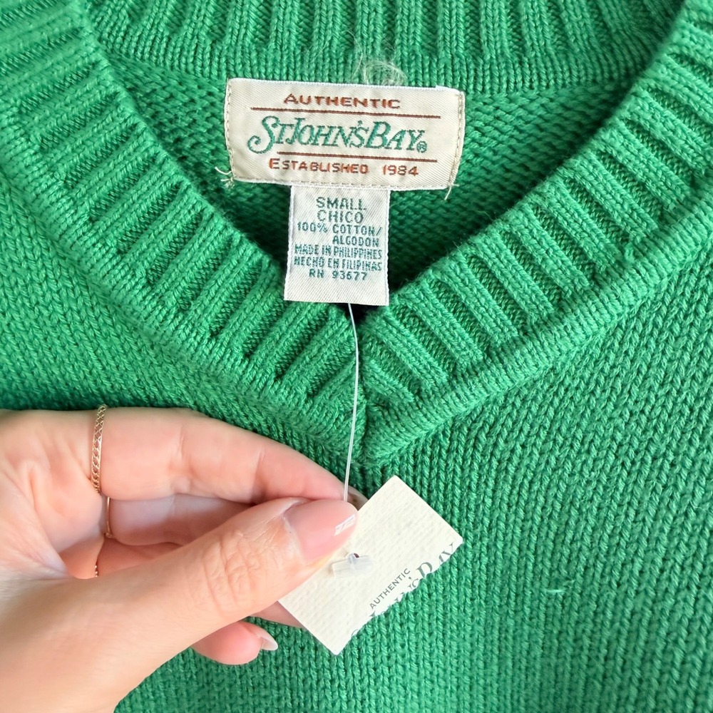 Vintage Sweater Kelly Green Cotton Knit Pullover 90s Preppy Small NEW Deadstock - Picture 4 of 6